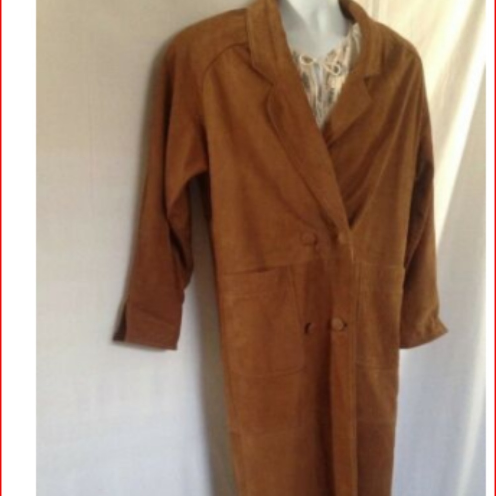 Leather Long Trench Coat /Jacket Brown Khaki EUC